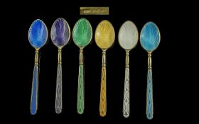 Queen Elizabeth II Sterling Silver and Enamel Harlequin Set of 6 Coffee Spoons original box.