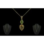 Ladies Attractive 9ct Gold Citrine & Peridot Set Pendant and Chain - Both Marked 9ct With Matching