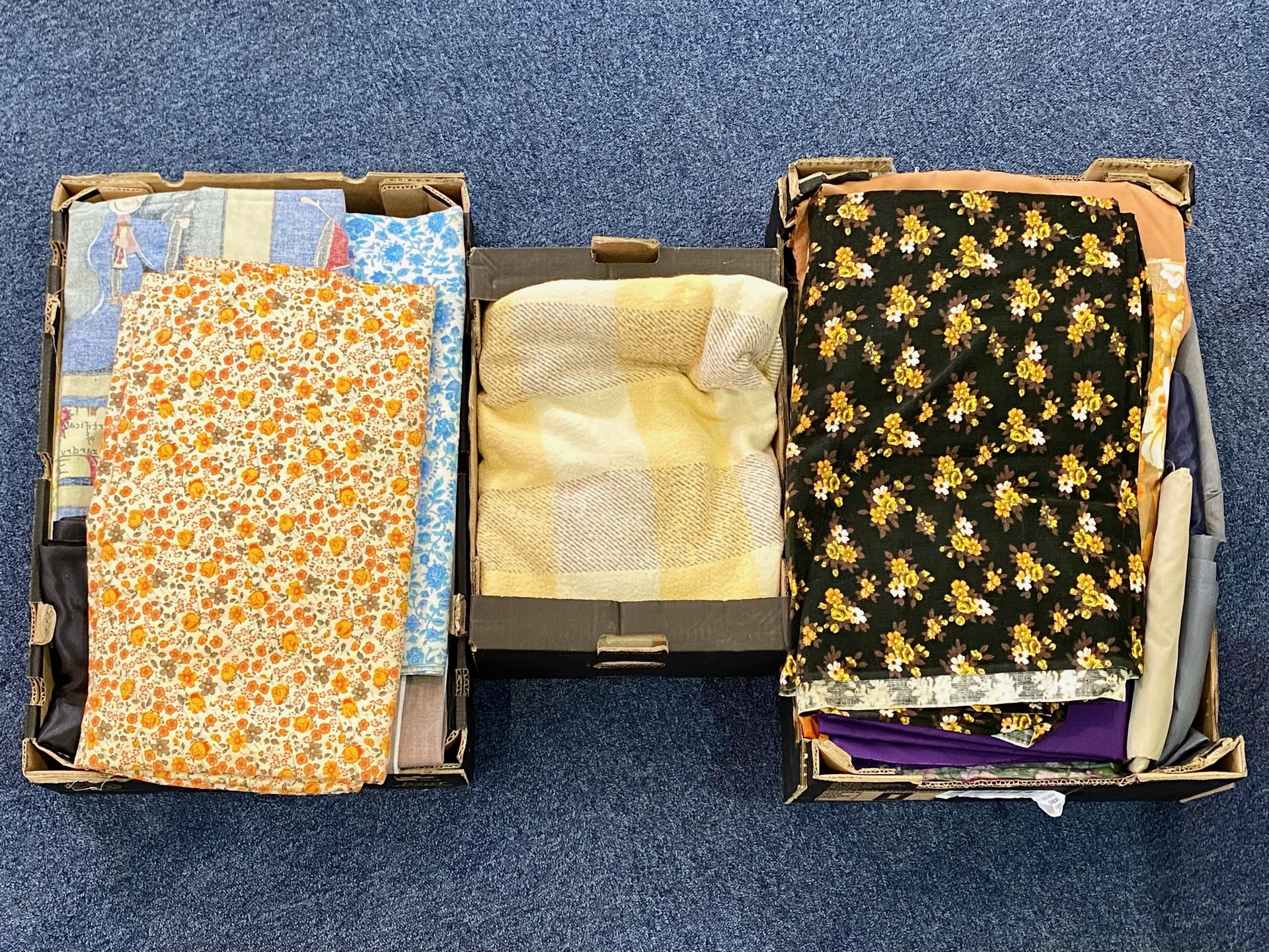 Three Boxes of Vintage 60s and 70s Fabric, assorted prints and designs,