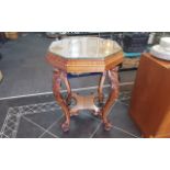 Antique Octogon Shaped Table, four splayed legs, gallery insert, original glass coasters.