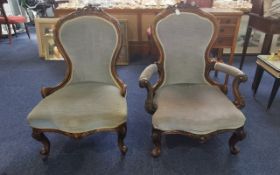 Two Victorian Upholstered Nursing Chairs, one chair with upholstered arms with carved rests,