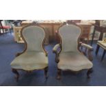 Two Victorian Upholstered Nursing Chairs, one chair with upholstered arms with carved rests,