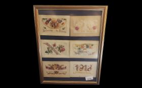 Wartime Post Card Interest - framed set of silk embroidered WWI wartime postcards,