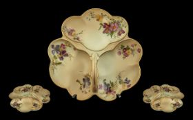 Royal Worcester Large Hand Painted Blush Ivory 3 Section Serving Dish with Handle,