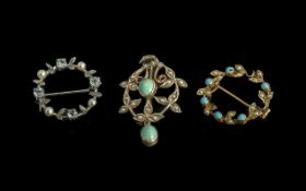Antique Period - Attractive and Exquisite Trio of 15ct & 9ct Small Circular Gem Set Brooches /