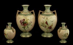 Royal Worcester Fine Pair of Handpainted Blush Ivory Floral Vases,