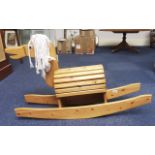 Child's Wooden Hand Made Rocking Horse, Finished In Polished Pine Wood, With a Mop Head. Good