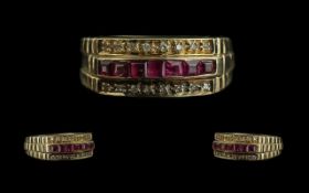 Ladies - 14ct Gold Rolex Style Rubies and Diamond Set Dress Ring. Marked 585 - 14ct to Shank.