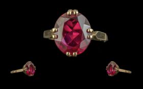 Ladies Attractive Single Stone Ruby Coloured Set Ring - Marked 9ct To Shank. Excellent Deep Ruby
