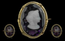 Victorian Revival 9ct Gold Mounted Large Amethyst / Hardstone Cameo. c.1860's. Excellent Quality and