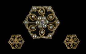 Antique Period - Superb and Exquisite 15ct Gold Diamond and Seed Pearl Set Circular Open-worked