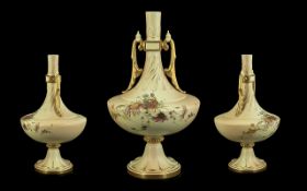 Royal Worcester Fine Handpainted Blush Ivory Persian Style Twin Handle Vase,
