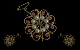 Antique Period - Attractive 18ct Gold Gem Set Brooch with Safety Chain.