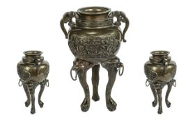 Chinese 19th Century Bronze Tripod Incense Burner / Censer. Height 8 Inches - 20 cms.