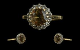 Ladies 18ct Gold Attractive Smoky Topaz and Diamond Set Cluster Ring.