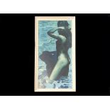 K Shackleton 'The Blue Nude' Print, circa 1950's, depicting a nude lady standing in the sea.