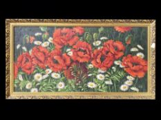 Fred Wilde Original Oil on Board, depicts daisies and poppies in full bloom.