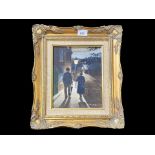 Fred Wilde Original Oil on Canvas, depicts a couple walking home. Framed, overall size 15.5" x 13.