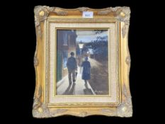 Fred Wilde Original Oil on Canvas, depicts a couple walking home. Framed, overall size 15.5" x 13.