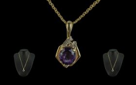 14ct Gold - Attractive Amethyst and Diamond Set Pendant with Attached 14ct Gold Fancy Chain,