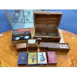 Box of Vintage Collectibles, comprising a wooden playing card holder with cards,