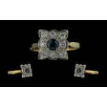 18ct Gold Attractive Ladies Diamond and Sapphire Set Dress Ring - Of Square Form Full Hallmark To