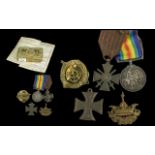 WW1 Interest To Include a 1914 Christmas Tin, Character & Discharge Certificates, Cap Badge,