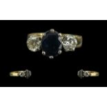 Ladies 18ct Gold Sapphire and Diamond Set 3 Stone Ring. Full Hallmark to Interior of Shank.