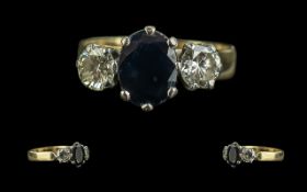 Ladies 18ct Gold Sapphire and Diamond Set 3 Stone Ring. Full Hallmark to Interior of Shank.