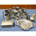 Quantity of Pewter Items, comprising tankards of various sizes, trays, pots, etc.