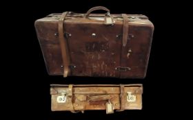 Large Brown Leather Vintage Suitcase, with straps and buckles, lined in green with dividers,