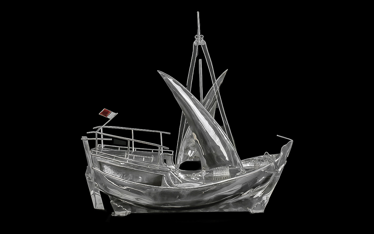 A Superb Quality / Impressive Bespoke Arabian Silver Dhow - Model Sailing Boat of Large Proportions, - Image 2 of 3