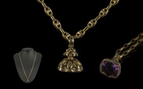 Antique Period 9ct Gold - Fancy Link Chain with Attached 9ct Gold Amethyst Set Fob. Marked 9ct.