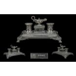 Victorian Period Impressive Gentleman's Sterling Silver Partners Double Inkwell and Stand, Desk Set.