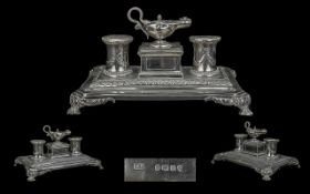 Victorian Period Impressive Gentleman's Sterling Silver Partners Double Inkwell and Stand, Desk Set.