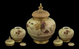 Royal Worcester Persian Style Reticulated Handpainted Blush Ivory Large Pot-Pourri Lidded Vase,