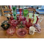 Box of Mixed Glass & Pottery, including Mary Gregory Cranberry glass vases,