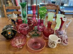 Box of Mixed Glass & Pottery, including Mary Gregory Cranberry glass vases,
