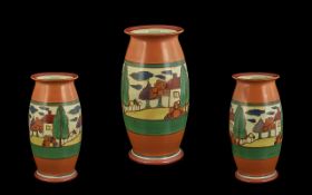 Clarice Cliff 1930's Handpainted Tophin Vase 'Trees & House' design. Circa 1929, height 8" - 20 cm.