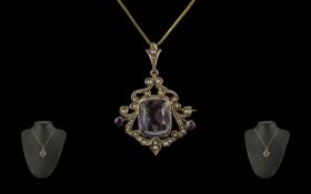 Antique Period - Attractive 9ct Gold Amethyst Seed Pearl Set Pendant - Brooch,