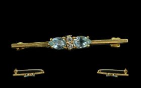 Ladies 18ct Gold - Good Quality Small Brooch Set with Aquamarines and Diamonds, Marked 18ct.