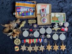 WW2 Interest Collection Of 12 Medals + Addressed Box, Badges,