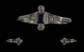 Art Deco Period - 18ct Gold / Platinum Ladies Petite Diamond and Sapphire Set Dress Ring.