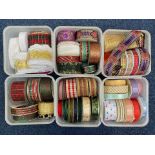 Collection of Rolls of Assorted Ribbon, various colours and styles, six boxes in total,