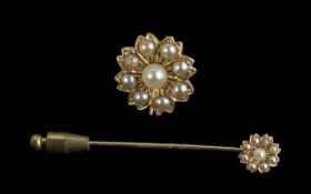 Antique Period Attractive 15ct Gold Seed Pearl Set Stick Pin, With Original Display Hinged Box.