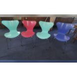 Collection of Four Genuine Fritz Hanson Chairs, labels to base, two green and two blue colourway.