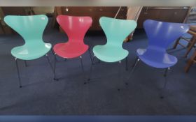 Collection of Four Genuine Fritz Hanson Chairs, labels to base, two green and two blue colourway.