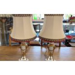 Pair of Decorative Table Lamps, spelter cream base with gilt trim and rams head decoration.