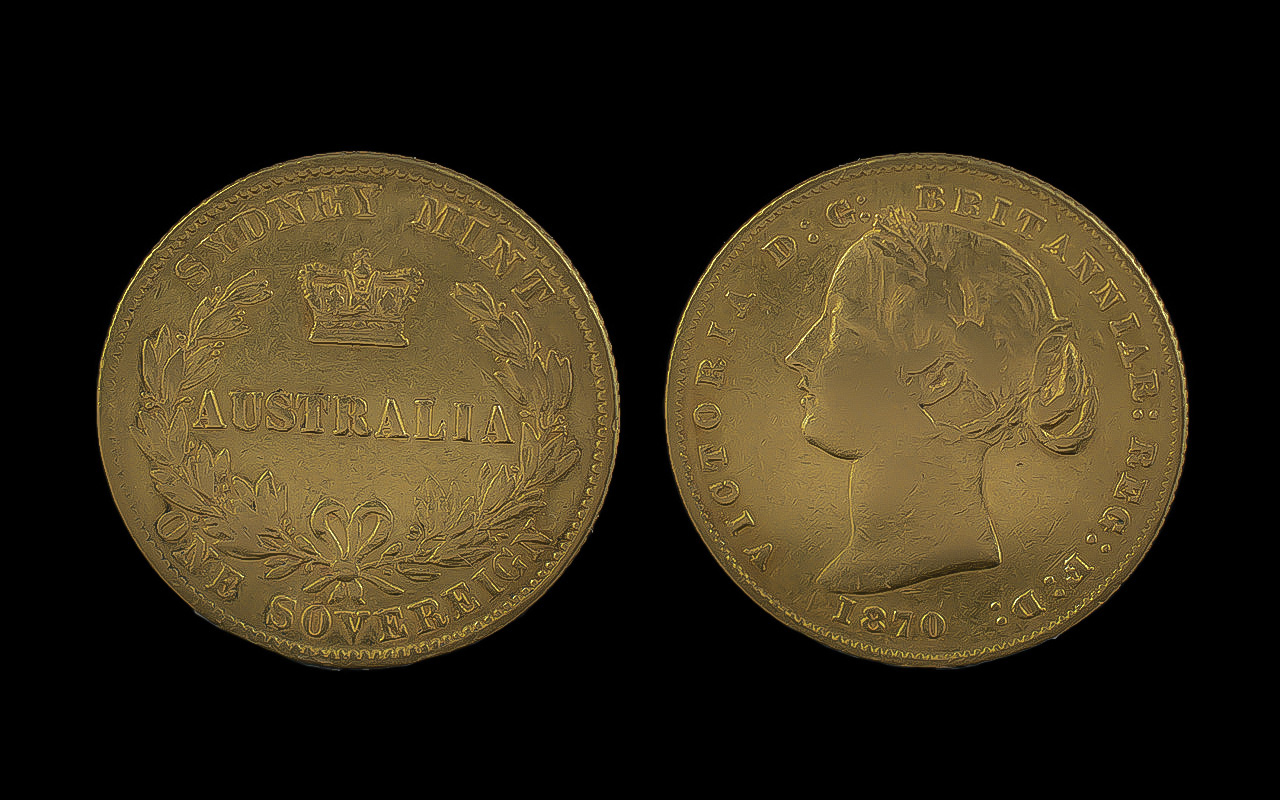 Australia - Queen Victoria 22ct Gold Full Sovereign, Sydney Mint, Date 1870. Unrecorded -