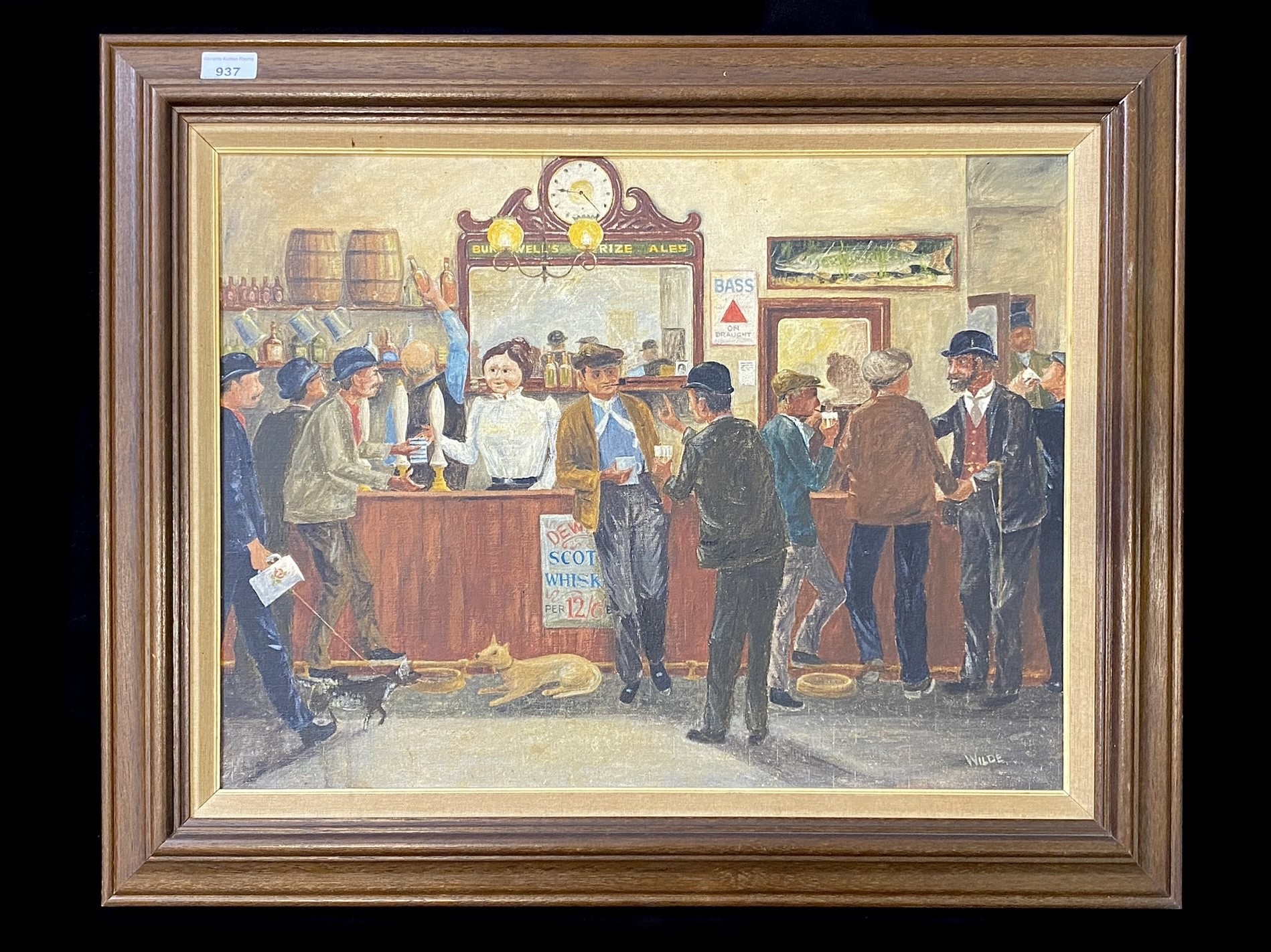 Fred Wilde Original Oil on Board, titled 'To the Bar', framed, signed, measures 24" x 30" overall.
